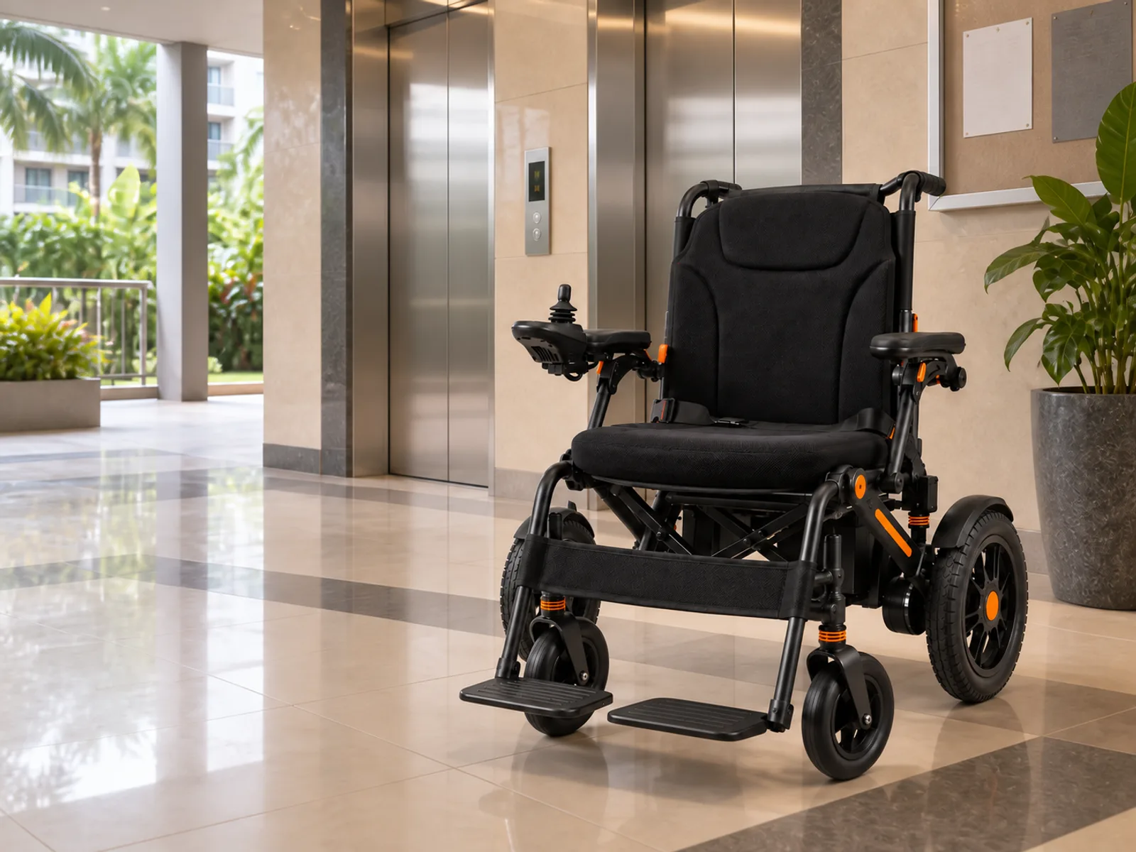 A folded-flat black electric wheelchair with orange accents parked beside a lift lobby in a Malaysian condominium, polished floor, no one in it