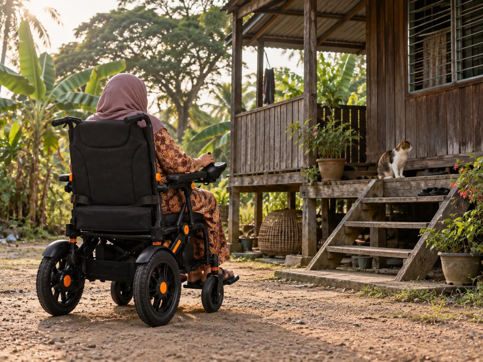 A person seen from behind in the electric wheelchair facing a wooden kampung house, greenery around the compound