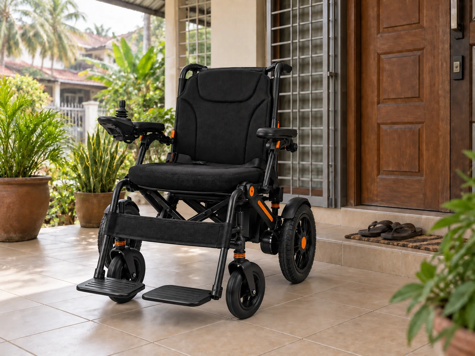 The same electric wheelchair parked beside a carved wooden front door on a Malaysian terrace-house porch, potted plant beside it