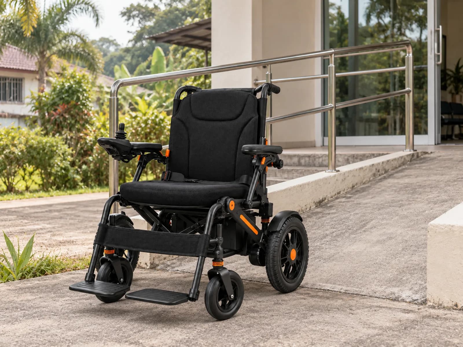 The electric wheelchair parked at the foot of a concrete ramp with a steel handrail outside a Malaysian clinic