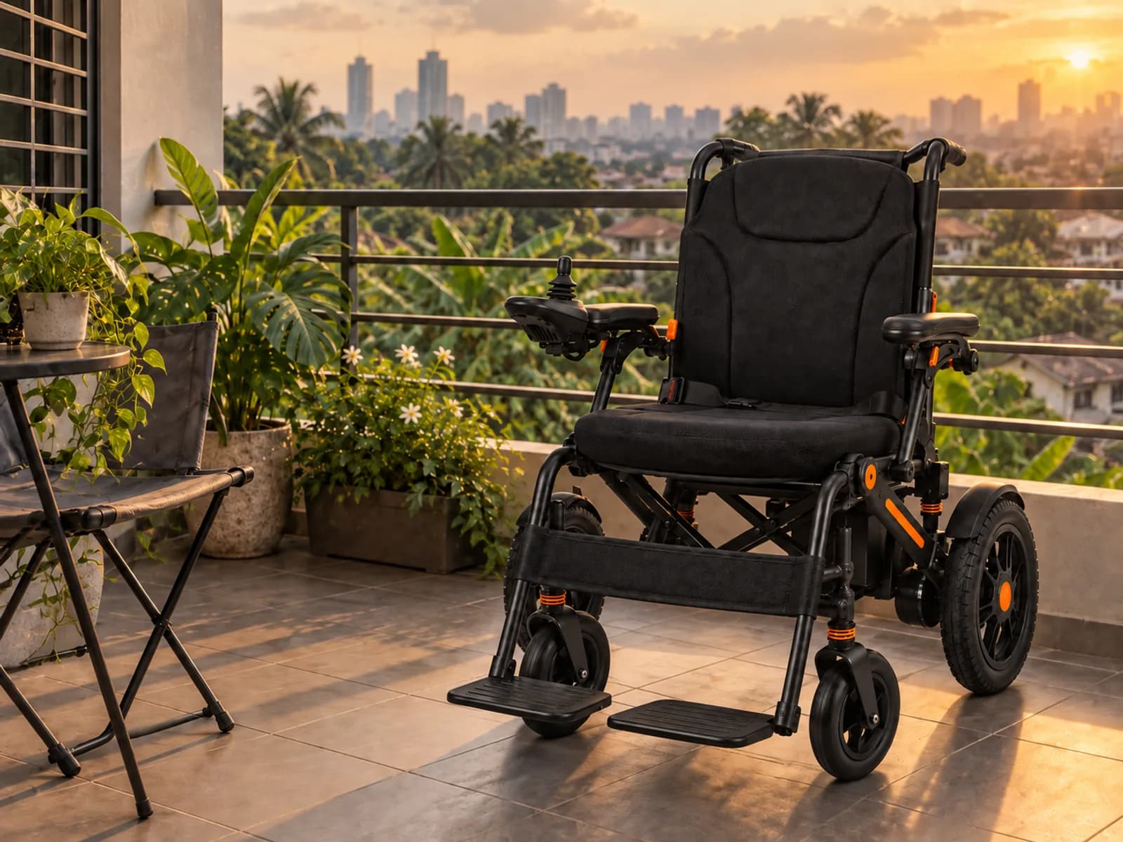 The electric wheelchair on a small apartment balcony at dusk, a Malaysian city skyline soft in the background