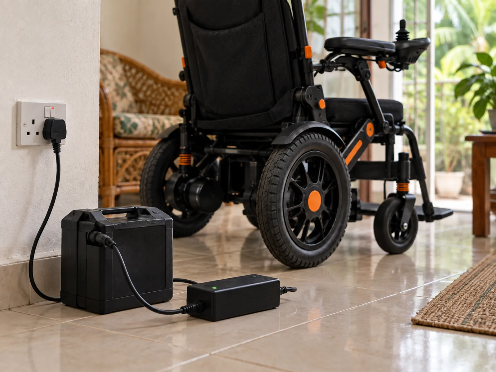 Close-up of the electric wheelchair’s battery pack and charging cable plugged in on a tiled floor, the chair in the background