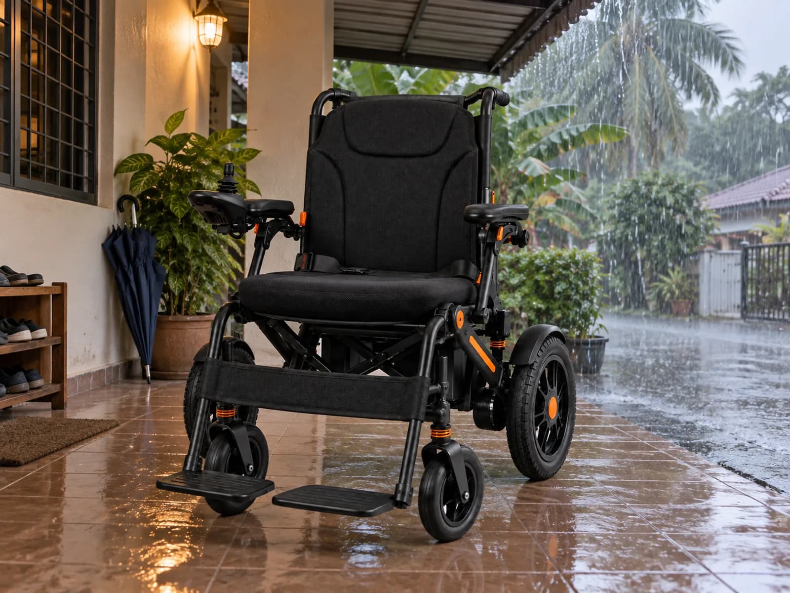 The electric wheelchair parked dry under a covered porch while rain falls just beyond the roof edge