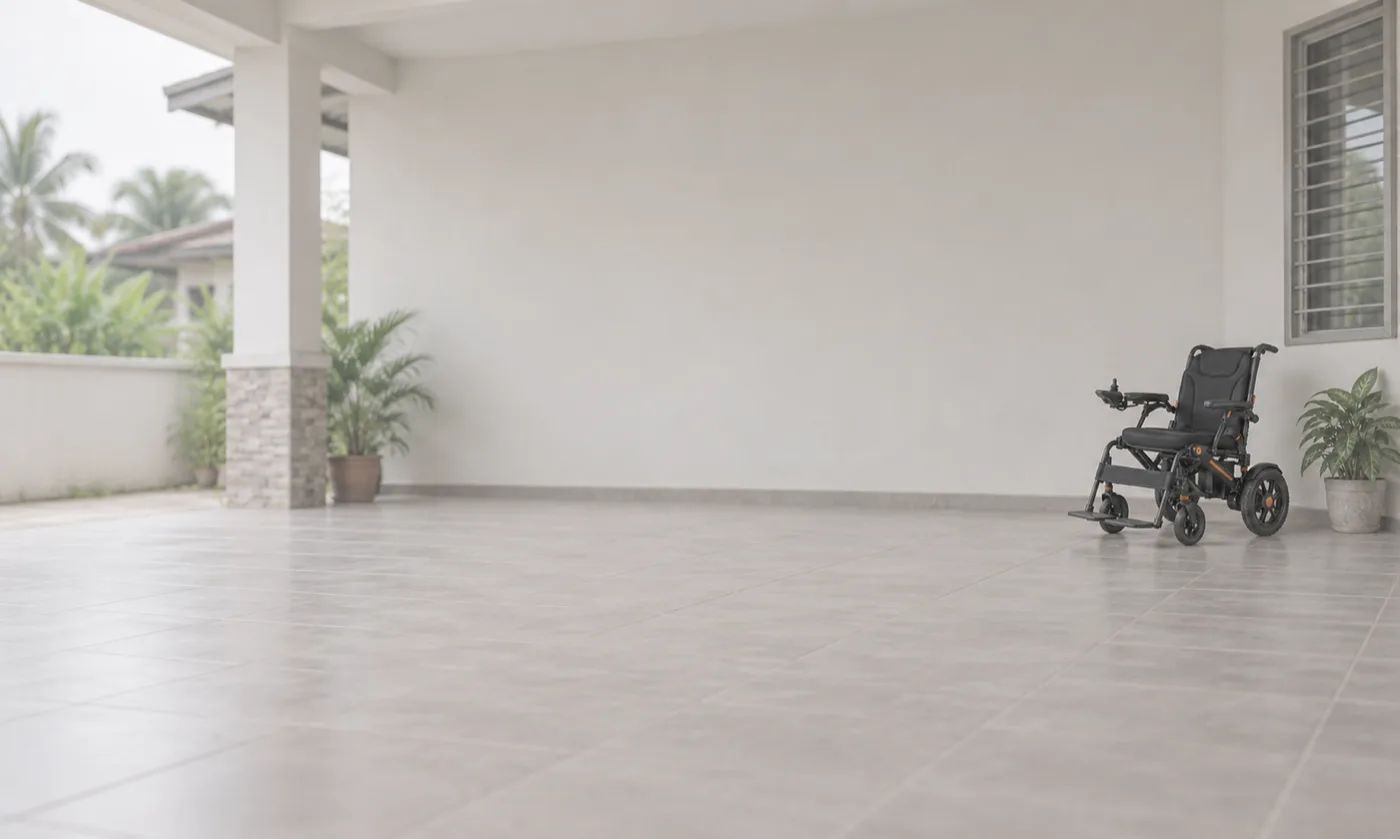 An empty electric wheelchair on the tiled porch of a Malaysian home