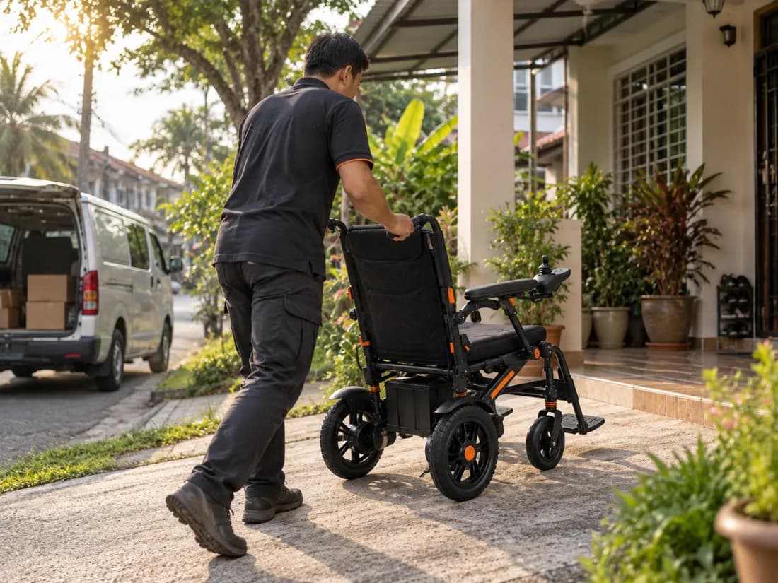 Our technician wheeling the chair up to a customer's porch