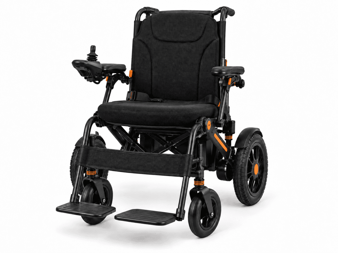 Foldable lightweight electric wheelchair, unfolded and ready to drive